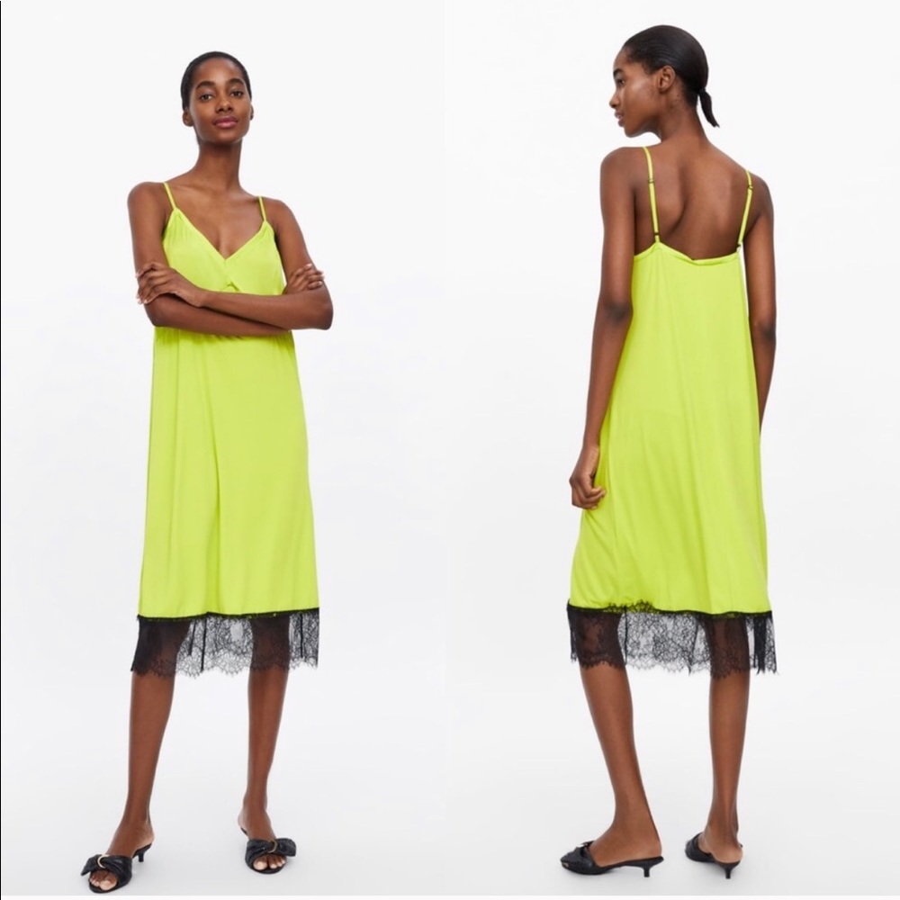 NEW!!! Zara Lime Green with Lace Slip Dress